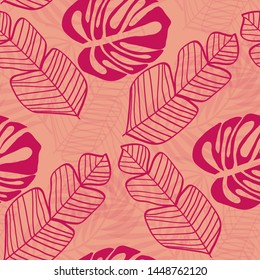 Tropical leaf floral seamless pattern. Background with monstera, banana tropical leaves. Exotic print for swimsuits. Floral seamless pattern.