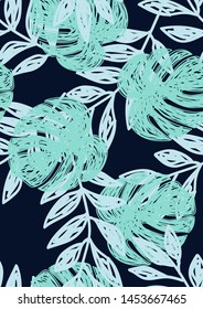 Tropical leaf floral seamless pattern. Background with monstera, banana tropical leaves. Exotic print for swimsuits. Floral seamless pattern.