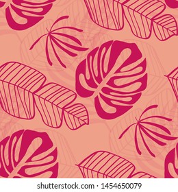 Tropical leaf floral seamless pattern. Background with monstera, banana tropical leaves. Exotic print for swimsuits. Floral seamless pattern.