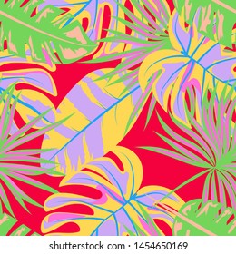 Tropical leaf floral seamless pattern. Background with monstera, banana tropical leaves. Exotic print for swimsuits. Floral seamless pattern.
