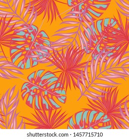 Tropical leaf floral seamless pattern. Background with monstera, banana tropical leaves. Exotic print for swimsuits. Floral seamless pattern.