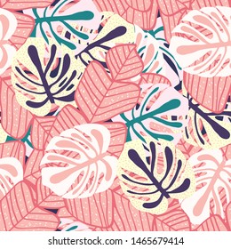 Tropical leaf floral seamless pattern. Background with monstera, banana tropical leaves. Exotic print for swimsuits. Floral seamless pattern.