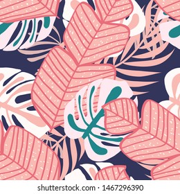 Blumenmuster aus tropischem Blatt, nahtlos. Hintergrund mit Monstera, tropische Bananenblätter. Exotischer Druck für Badeanzüge. Nahtloses Muster ohne Blumen.