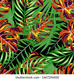 Tropical leaf floral seamless pattern. Background with monstera, banana tropical leaves. Exotic print for swimsuits. Floral seamless pattern.