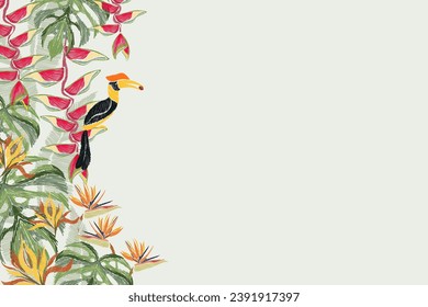 Flor de hojas tropicales con el fondo del marco de pájaro de los buñuelos con espacio de copia. verano primavera vacaciones venta naturaleza jungla fondo ilustración vector