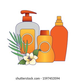 tropical leaf and flower with sunscreens bottles over white background, vector illustration
