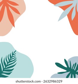 Tropical leaf frame background with flat colorful foliage on white space. Ideal for summer themes, invitations, posters