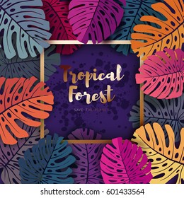 Tropical leaf frame design, monstera palm leaves frame background. Summer tropical design