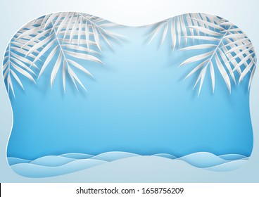 Tropical leaf frame and ocean waves on background pastel color tones. Paper craft style. Paper art style. Paper cut and craft style. vector, illustration.