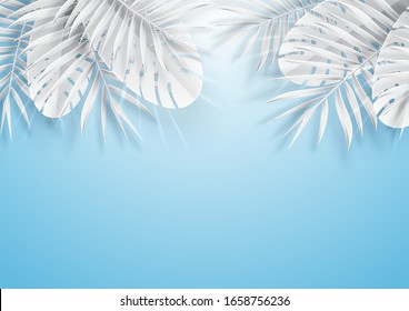 Tropical leaf frame on background pastel color tones. Paper craft style. Paper art style. Paper cut and craft style. vector, illustration.