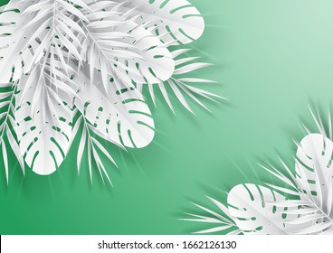 Tropical leaf frame on background pastel color tones. Paper craft style. Paper art style. Paper cut and craft style. vector, illustration.