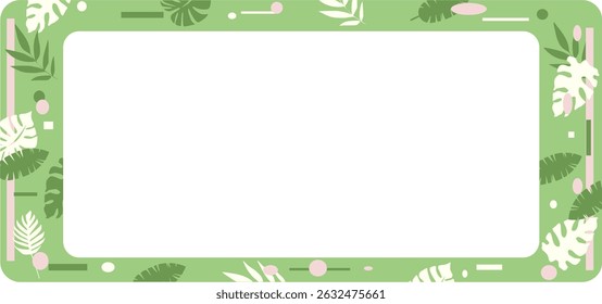 Marco de hoja tropical sobre fondo verde pastel con centro en blanco. Perfecto para Plantillas de invitación, eventos de verano, marca ecológica y diseños de historias de redes sociales.