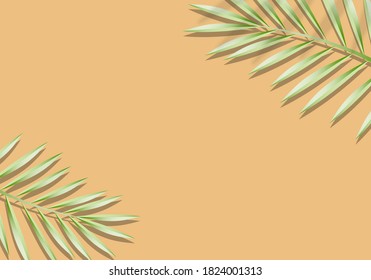 Tropical leaf frame template. Green leaves background in paper style. Palm tree foliage layout. Flat lay of summer beach scene with copy space. top view vector illustration.