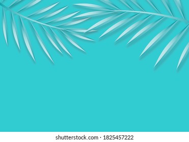 Tropical leaf frame template. Leaves background in paper style. Palm tree foliage layout. Turquoise scene with copy space. vector illustration.