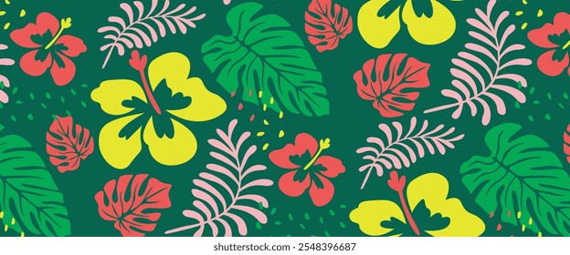 tropical leaf and hand drawn summer flowers seamles pattern background