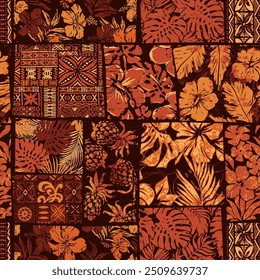 Hoja tropical de flores de hibisco elemento tribal hawaiano patchwork Fondo de pantalla abstracto grunge Vector sin patrón para camisa de tela almohada mantel toalla envoltura