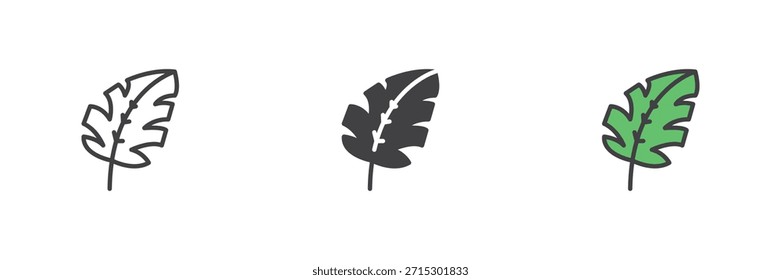 Conjunto de iconos de hojas tropicales con estilos de líneas, contornos sólidos y rellenos. Icono de símbolo y signo de Vector de follaje de Naturaleza, ilustración en color inspirada en el entorno prehistórico y las plantas.