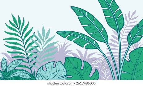 Tropical leaf illustration in soft green and purple tones. Aesthetic botanical background perfect for nature, summer, or jungle-themed designs.