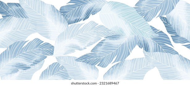 Tropical leaf line art background vector. Natural botanical leaves pattern design in linear contour, watercolor texture. Plant illustration for fabric, print, cover, banner, decoration, wallpaper.
