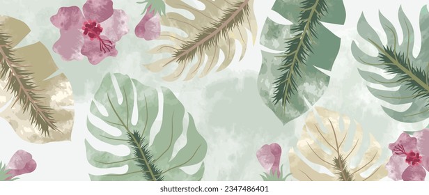 Tropical leaf line art background vector. Natural botanical leaves pattern design in linear contour, watercolor texture. Plant illustration for fabric, print, cover, banner, decoration, wallpaper.