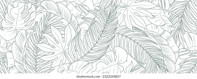 Tropical leaf line art wallpaper background vector. Design of natural monstera leaves and banana leaves in a minimalist linear outline style. Design for fabric, print, cover, banner, decoration.