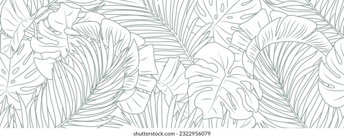 Tropical leaf line art wallpaper background vector. Design of natural Monstera leaves and banana leaves in a minimalist linear outline style. Design for fabric, print, cover, banner, decoration.