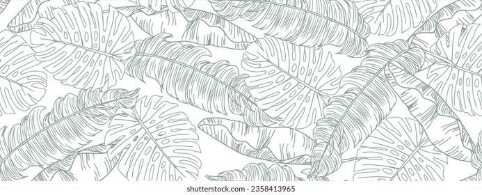 Tropical leaf line art wallpaper background vector. Design of natural monstera leaves and banana leaves in a minimalist linear outline style. Design for fabric, print, cover, banner, decoration.