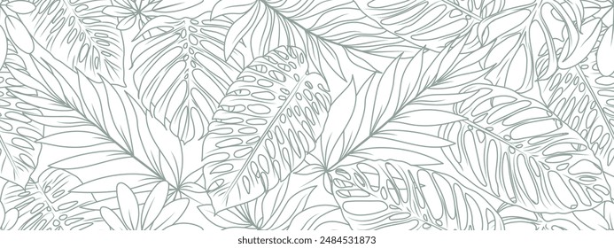 Tropical leaf line art wallpaper background vector. Design of natural Monstera leaves and banana leaves in a minimalist linear outline style. Design for fabric, print, cover, banner, decoration.