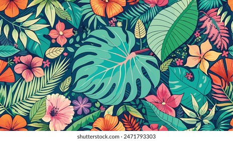 tropical leaf and many flowers seamles pattern