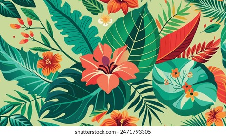 tropical leaf and many flowers seamles pattern