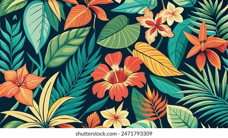 tropical leaf and many flowers seamles pattern