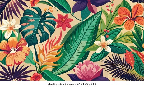 tropical leaf and many flowers seamles pattern