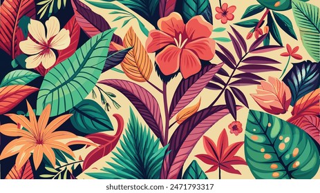 tropical leaf and many flowers seamles pattern