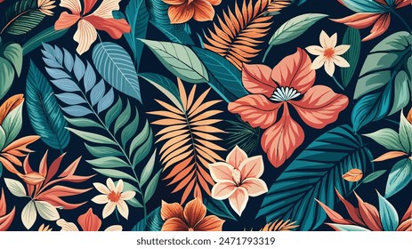 tropical leaf and many flowers seamles pattern