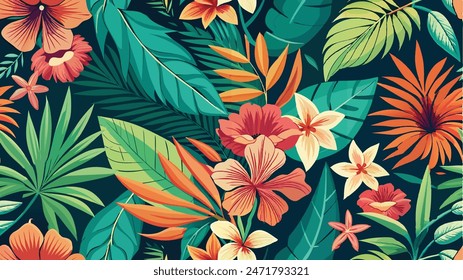 tropical leaf and many flowers seamles pattern