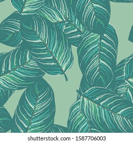 Tropical Leaf. Modern Motif. Jungle Print. Foliage Summer Seamless Pattern. Trending Greenery Vector Background. Artistic Botanical Surface. Abstract Plant Texture For Fashion. Contrast Brush Drawing.