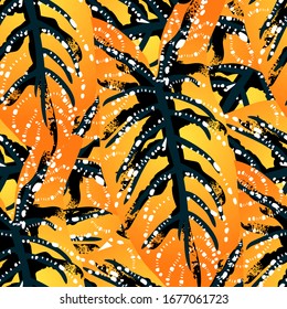 Tropical Leaf. Modern Motif. Jungle Print. Foliage Summer Seamless Pattern. Trending Greenery Vector Background. Artistic Botanical Surface. Abstract Plant Texture For Fashion. Contrast Brush Drawing.