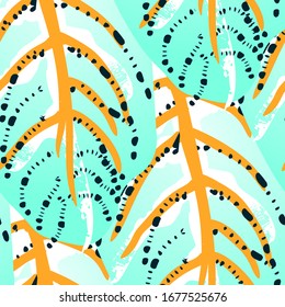 Tropical Leaf. Modern Motif. Jungle Print. Foliage Summer Seamless Pattern. Trending Greenery Vector Background. Artistic Botanical Surface. Abstract Plant Texture For Fashion. Contrast Brush Drawing.