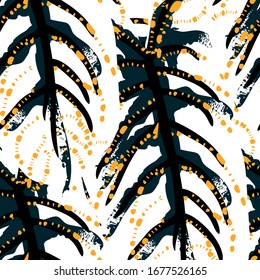 Tropical Leaf. Modern Motif. Jungle Print. Foliage Summer Seamless Pattern. Trending Greenery Vector Background. Artistic Botanical Surface. Abstract Plant Texture For Fashion. Contrast Brush Drawing.