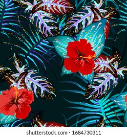 Tropical Leaf. Modern Motif. Jungle Print. Foliage Summer Seamless Pattern. Trending Greenery Vector Background. Artistic Botanical Surface. Abstract Plant Texture For Fashion. Contrast Brush Drawing.