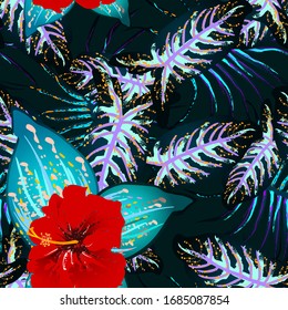 Tropical Leaf. Modern Motif. Jungle Print. Foliage Summer Seamless Pattern. Trending Greenery Vector Background. Artistic Botanical Surface. Abstract Plant Texture For Fashion. Contrast Brush Drawing.