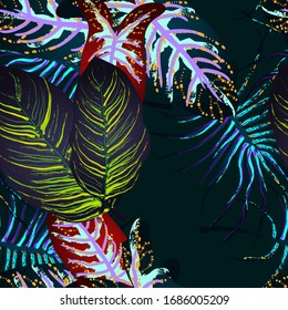 Tropical Leaf. Modern Motif. Jungle Print. Foliage Summer Seamless Pattern. Trending Greenery Vector Background. Artistic Botanical Surface. Abstract Plant Texture For Fashion. Contrast Brush Drawing.