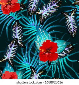 Tropical Leaf. Modern Motif. Jungle Print. Foliage Summer Seamless Pattern. Trending Greenery Vector Background. Artistic Botanical Surface. Abstract Plant Texture For Fashion. Contrast Brush Drawing.