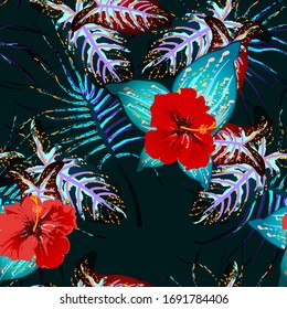 Tropical Leaf. Modern Motif. Jungle Print. Foliage Summer Seamless Pattern. Trending Greenery Vector Background. Artistic Botanical Surface. Abstract Plant Texture For Fashion. Contrast Brush Drawing.