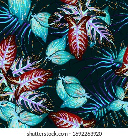 Tropical Leaf. Modern Motif. Jungle Print. Foliage Summer Seamless Pattern. Trending Greenery Vector Background. Artistic Botanical Surface. Abstract Plant Texture For Fashion. Contrast Brush Drawing.