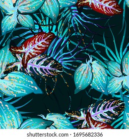 Tropical Leaf. Modern Motif. Jungle Print. Foliage Summer Seamless Pattern. Trending Greenery Vector Background. Artistic Botanical Surface. Abstract Plant Texture For Fashion. Contrast Brush Drawing.