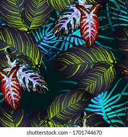 Tropical Leaf. Modern Motif. Jungle Print. Foliage Summer Seamless Pattern. Trending Greenery Vector Background. Artistic Botanical Surface. Abstract Plant Texture For Fashion. Contrast Brush Drawing.