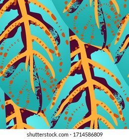 Tropical Leaf. Modern Motif. Jungle Print. Foliage Summer Seamless Pattern. Trending Greenery Vector Background. Artistic Botanical Surface. Abstract Plant Texture For Fashion. Contrast Brush Drawing.