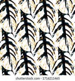 Tropical Leaf. Modern Motif. Jungle Print. Foliage Summer Seamless Pattern. Trending Greenery Vector Background. Artistic Botanical Surface. Abstract Plant Texture For Fashion. Contrast Brush Drawing.