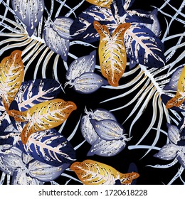 Tropical Leaf. Modern Motif. Jungle Print. Foliage Summer Seamless Pattern. Trending Greenery Vector Background. Artistic Botanical Surface. Abstract Plant Texture For Fashion. Dark Brush Drawing.